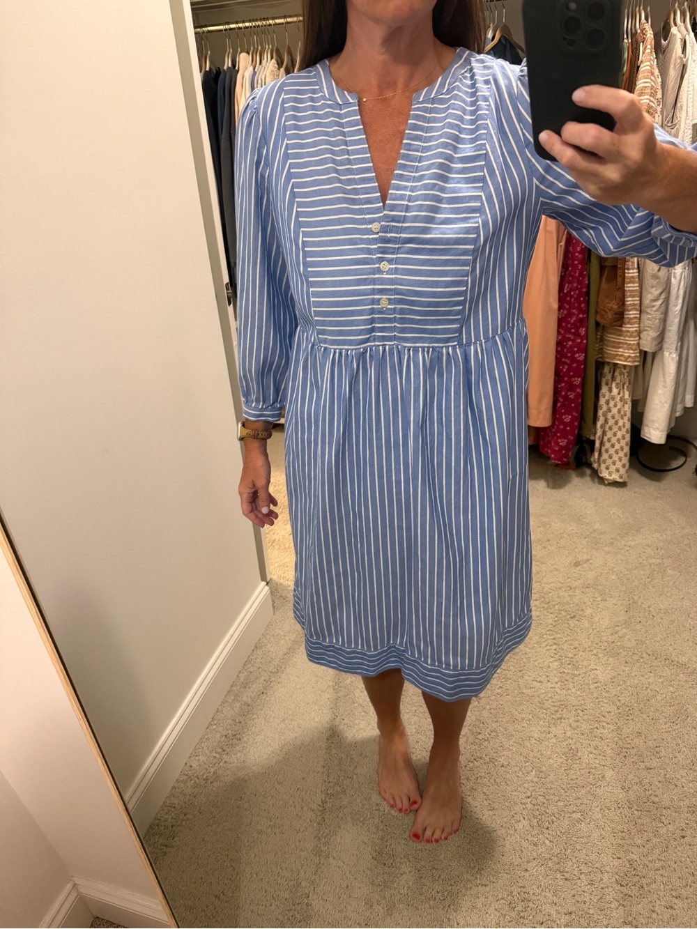 Loft Blue Striped V-Neck Three Quarters Sleeve Knew Length Dress Medium
